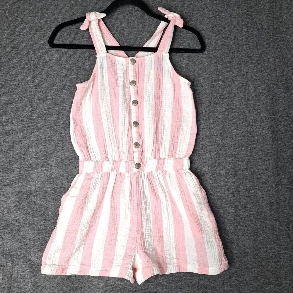NWT Vertbaudet Romper Girls 6 Pink White Striped Sleeveless Ruffle Trim Jumpsuit